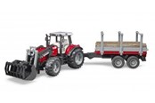 Legetøjsbil - Bruder Massey Ferguson 7480 tractor with frontloader and timber trailer toy - 02046