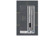 Skrive- og Tegneværktøjer - Parker Dobbelt  Jotter-gavesæt med kuglepen og fyldepen, rustfrit stål med detaljer i krom, patron med blå blæk og patroner, gaveæske - 2093258