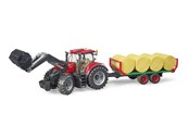 Legetøjsbil - Bruder Case IH Optum 300 CVX with frontloader with bale transport trailer with 8 round bales - BR3198