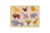 Puslespil - Bigjigs Wooden Stud Puzzle Safari 9 pieces. Wood - BJ258