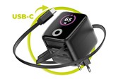 Mobil - Adaptere & Opladere - Mobile Origin 65W GaN Display Charger PW3 - USB-C Self-Retracting Cable + USB-C + USB-A - MO-65WDCH-PW3