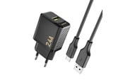 Mobil - Adaptere & Opladere - Dudao A23TEU 2.4A GaN USB-A wall charger with USB-A cable - USB-C - black - 6976625334018