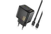 Mobil - Adaptere & Opladere - Dudao A28PCEU PD 45W GaN 2xUSB-C Wall Charger with USB-C Cable - Black - 6976625334315