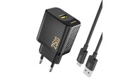 Mobil - Adaptere & Opladere - Dudao A27STEU 25W GaN USB-A Wall Charger with USB-A - USB-C - Black Cable - 6976625334889