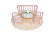 Dukke, bamse og udstyr - Micki Lundby spisestue m/pink bænk 2 stole bord tæppe. - 18375
