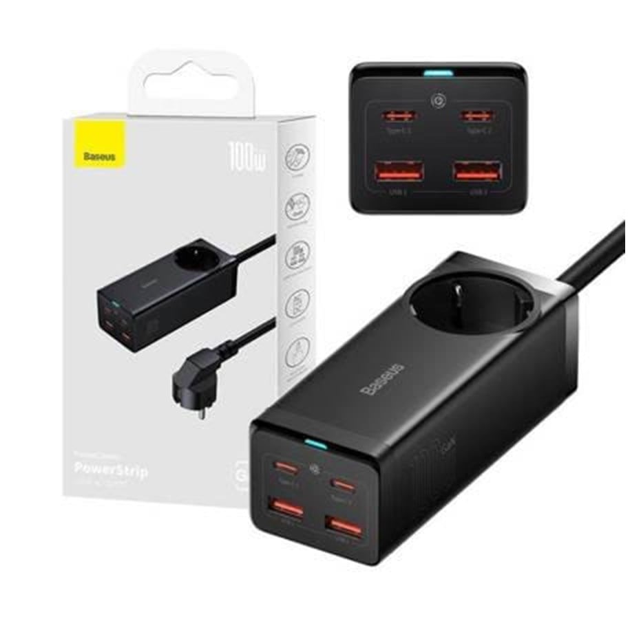 USB hub - Baseus GaN3 Pro wall charger / powerstrip 2xUSB + 2xUSB-C + AC 100W (black) USB hub - 5 ports - Sort - PSZM000401