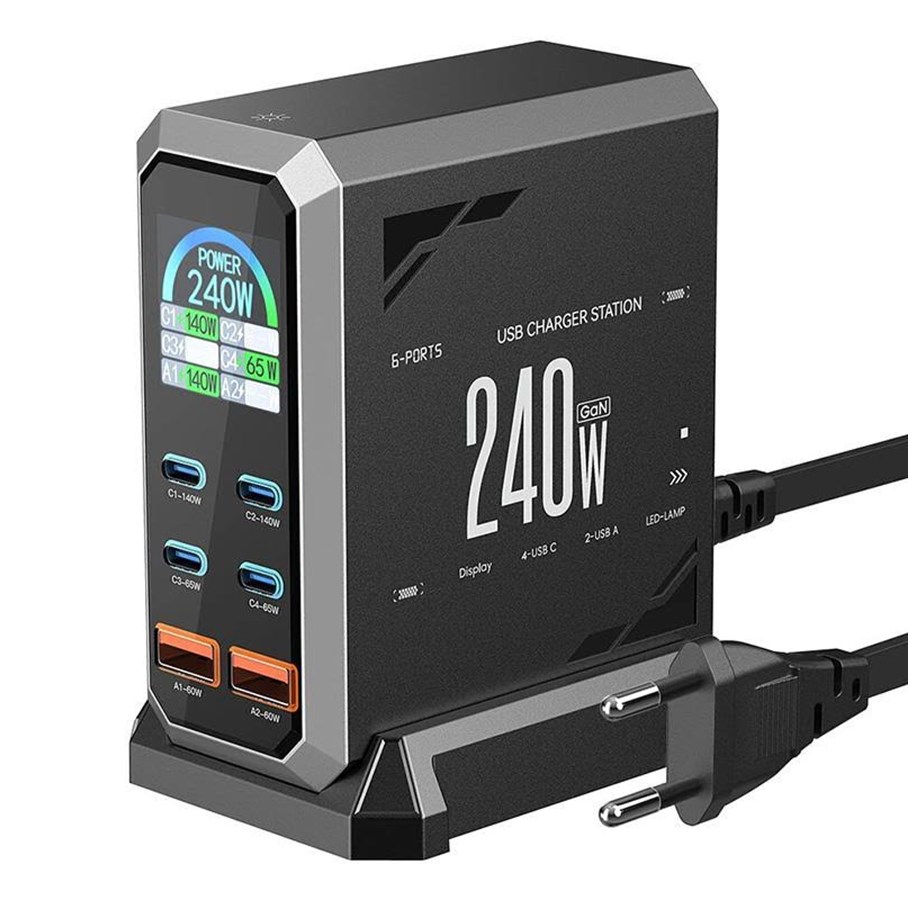 Mobil - Adaptere & Opladere - BlitzWolf BW‑S31 240W 6‑Port USB‑C + USB‑A PD Desktop Charger - BW-S31