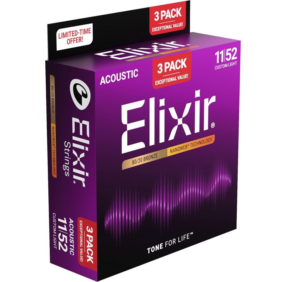 Musik & DJ Instrumenter - Elixir Strings 16564 - 80/20 Bronze - Akustiske strenge - Nanoweb - Custom Light (11-52) - 3-pak - CEL 16564